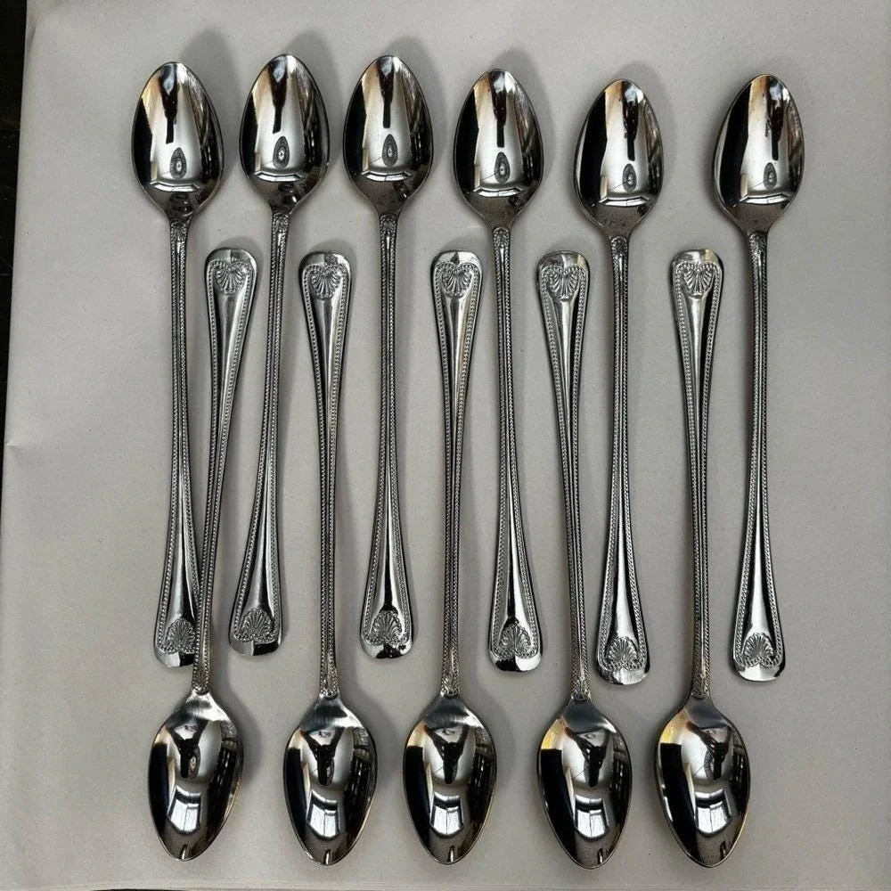 Towle Iced Tea Spoons Abbey Shell Stainless Steel Japan Set of 12 Silver 7 3/4